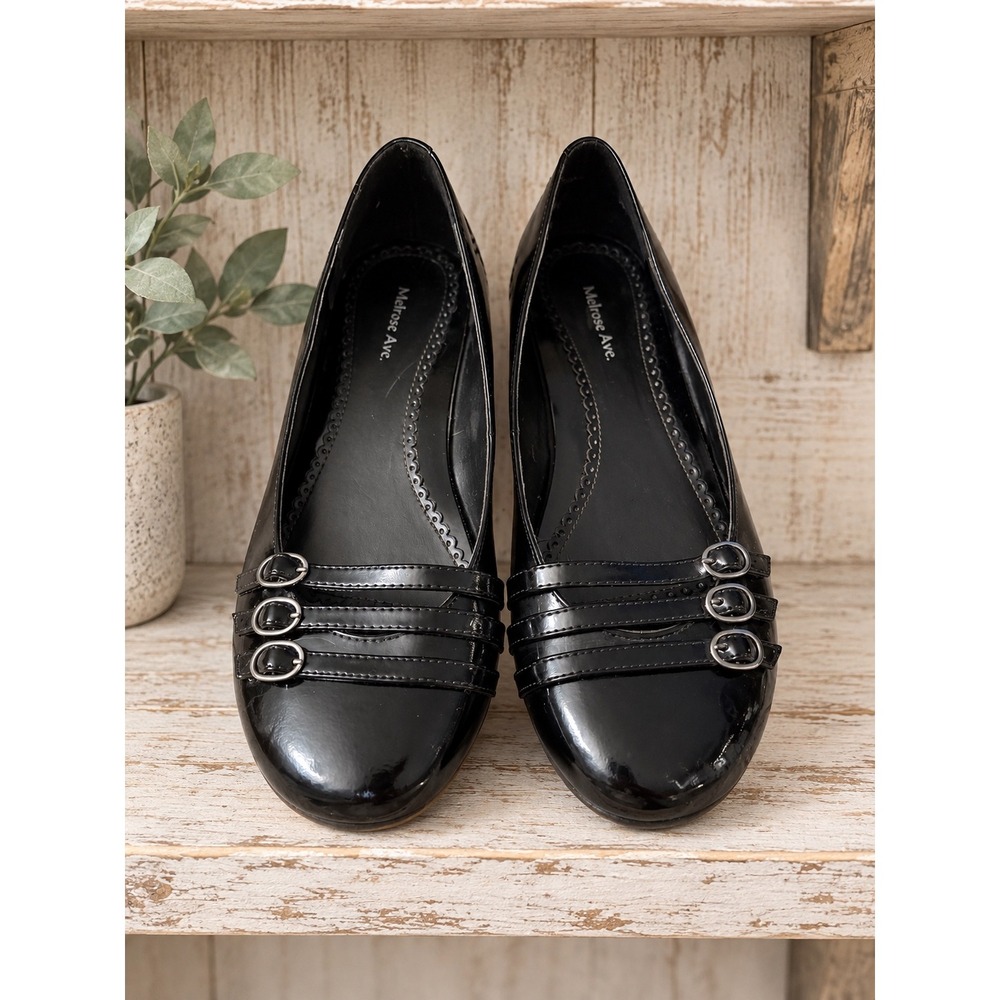 Melrose Ave Ballet Flats Black Patent Triple Buckle Strap Size 9M